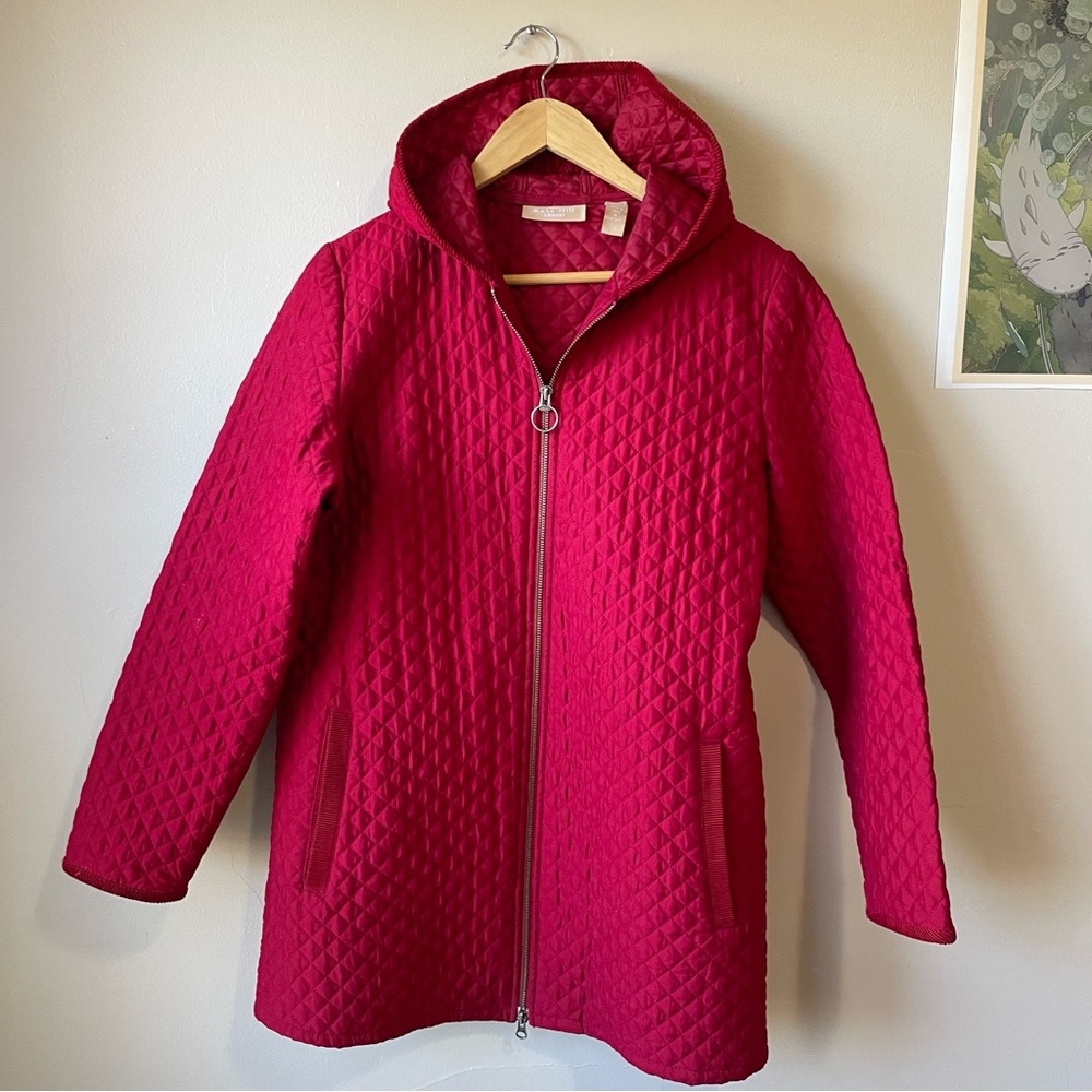 Kate Hill Quilted Hooded Car Coat Red Corduroy Trim detail